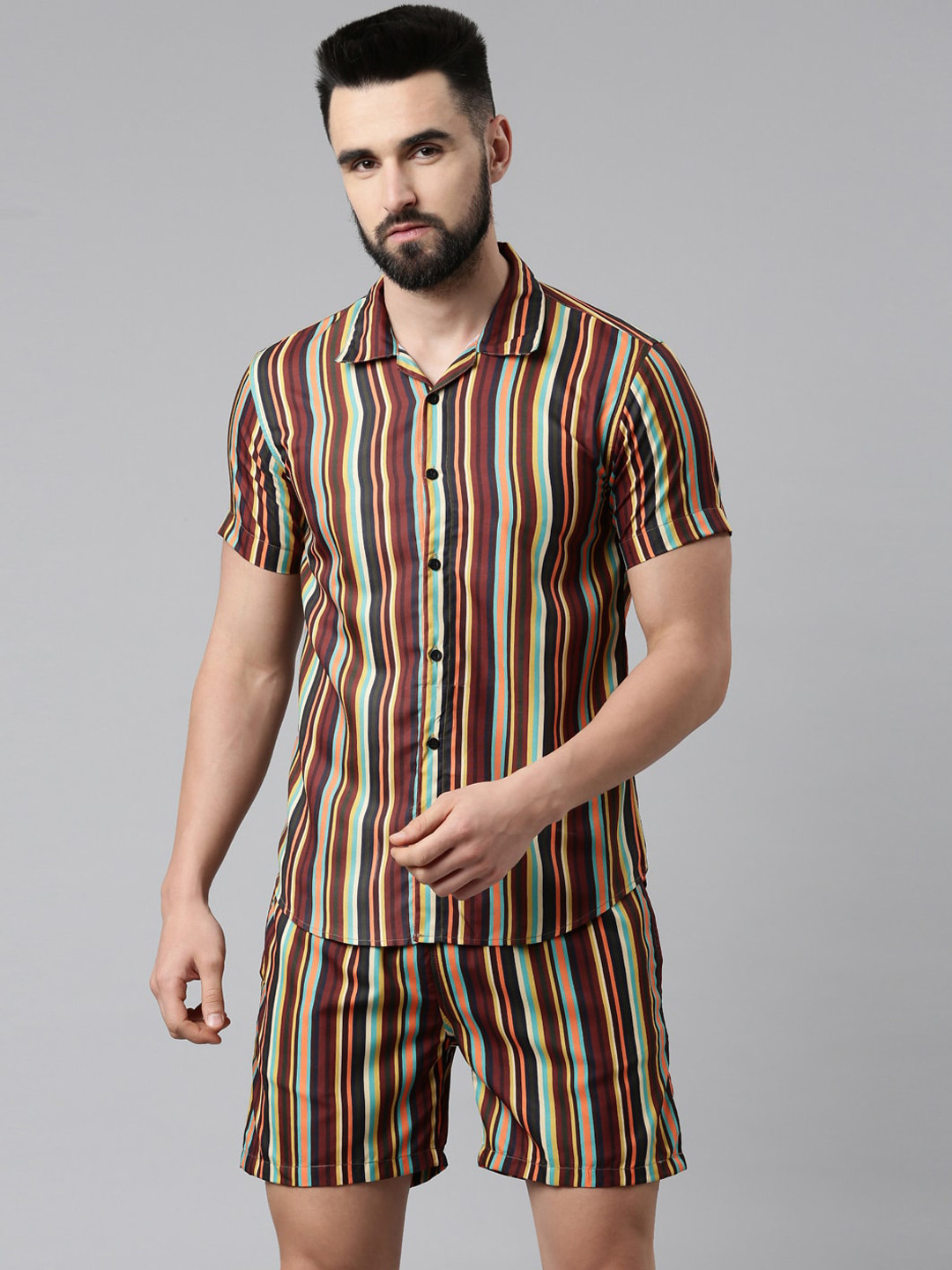 

TRUNDZ Men Brown & Blue Striped Night suit