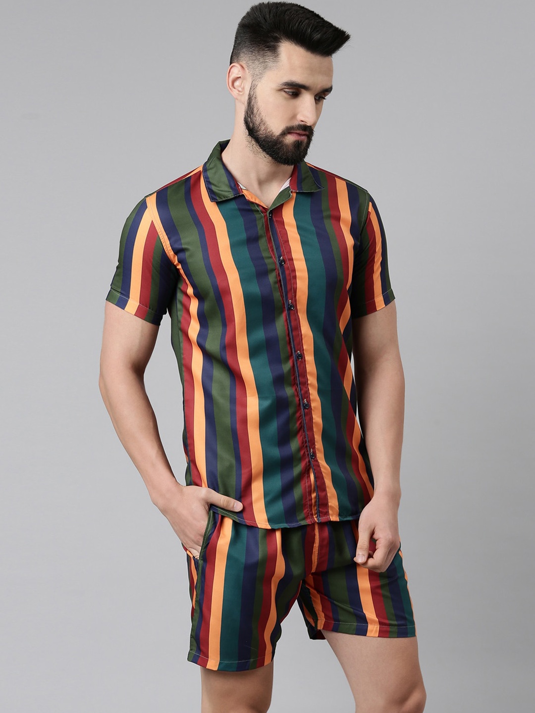

TRUNDZ Men Red & Green Striped Night suit
