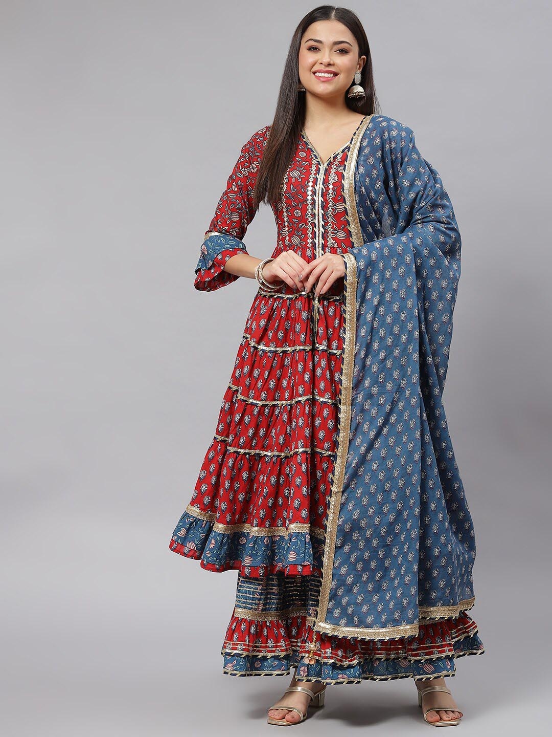 

Divena Women Maroon Floral Printed Tiered Pure Cotton Kurta with Sharara & Dupatta Set