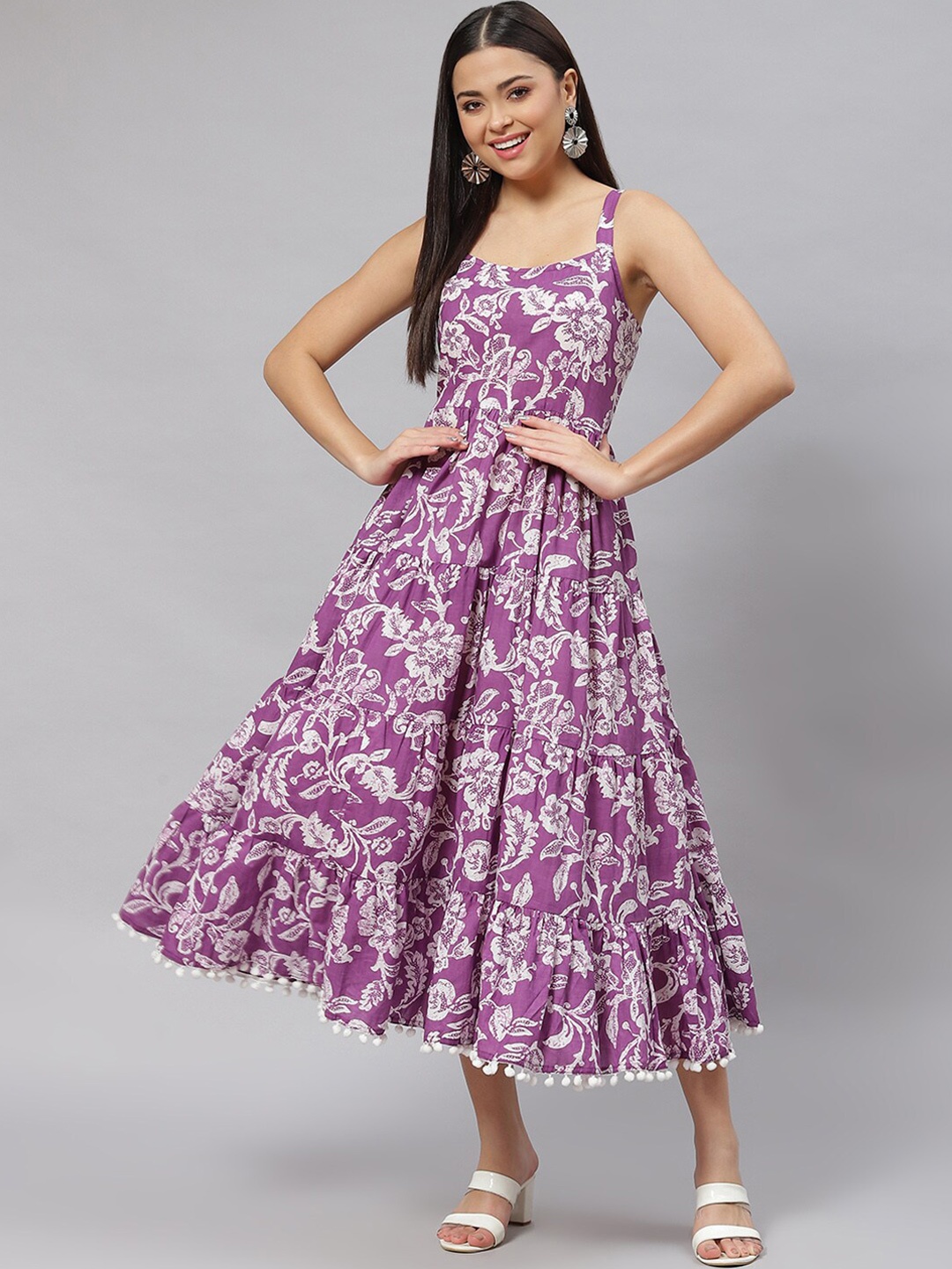 

Divena Women Purple Floral Fit And Flare Cotton Midi Dress