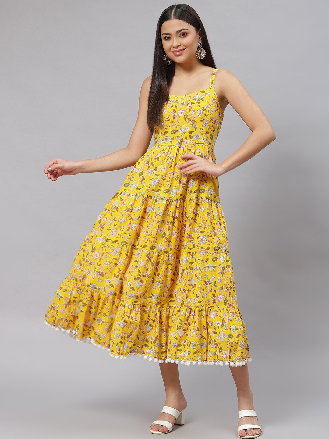 

Divena Women Yellow Floral Fit And Flare Cotton Midi Dress