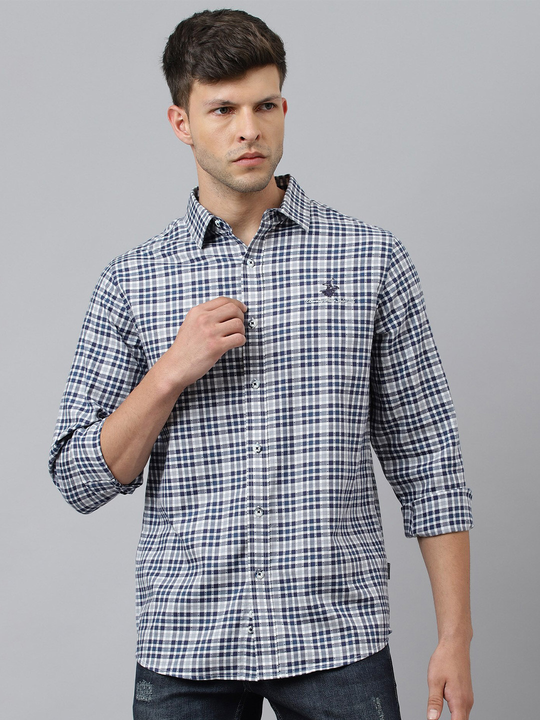 

Beverly Hills Polo Club Men Navy Blue & White Checked Cotton Casual Shirt