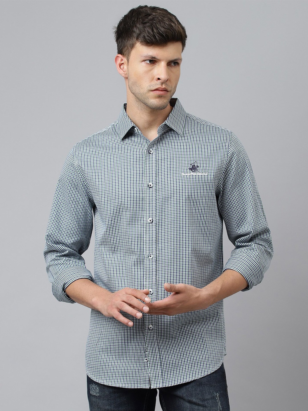 

Beverly Hills Polo Club Men Navy Blue & Green Checked Cotton Casual Shirt