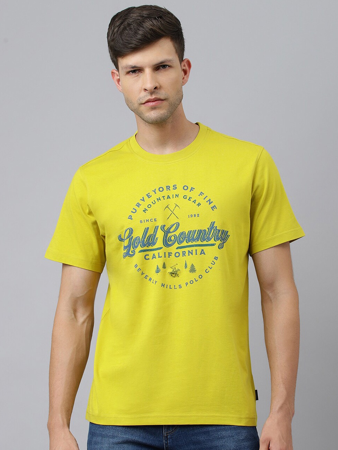 

Beverly Hills Polo Club Men Yellow & Grey Typography Printed Cotton T-shirt