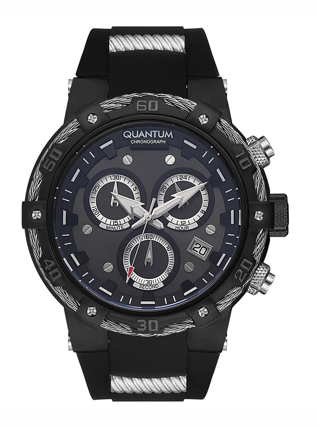 

Quantum Men Grey Brass Embellished Dial & Black Analogue Chronograph Watch- HNG688