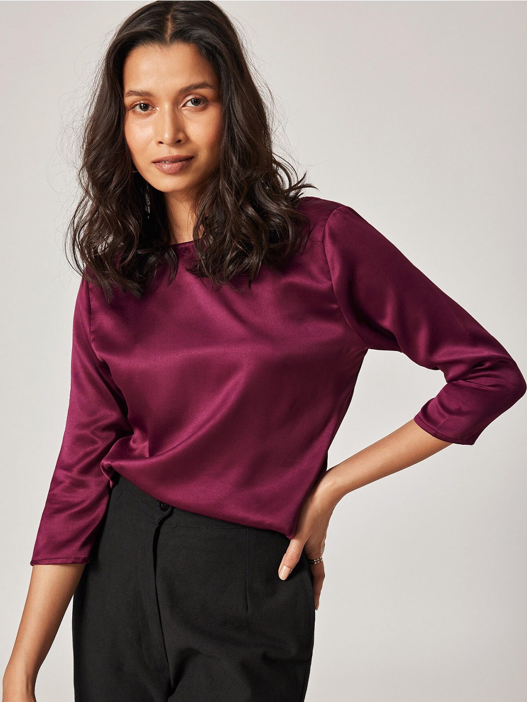 

The Label Life Women Maroon Solid Back Cowl Satin Top