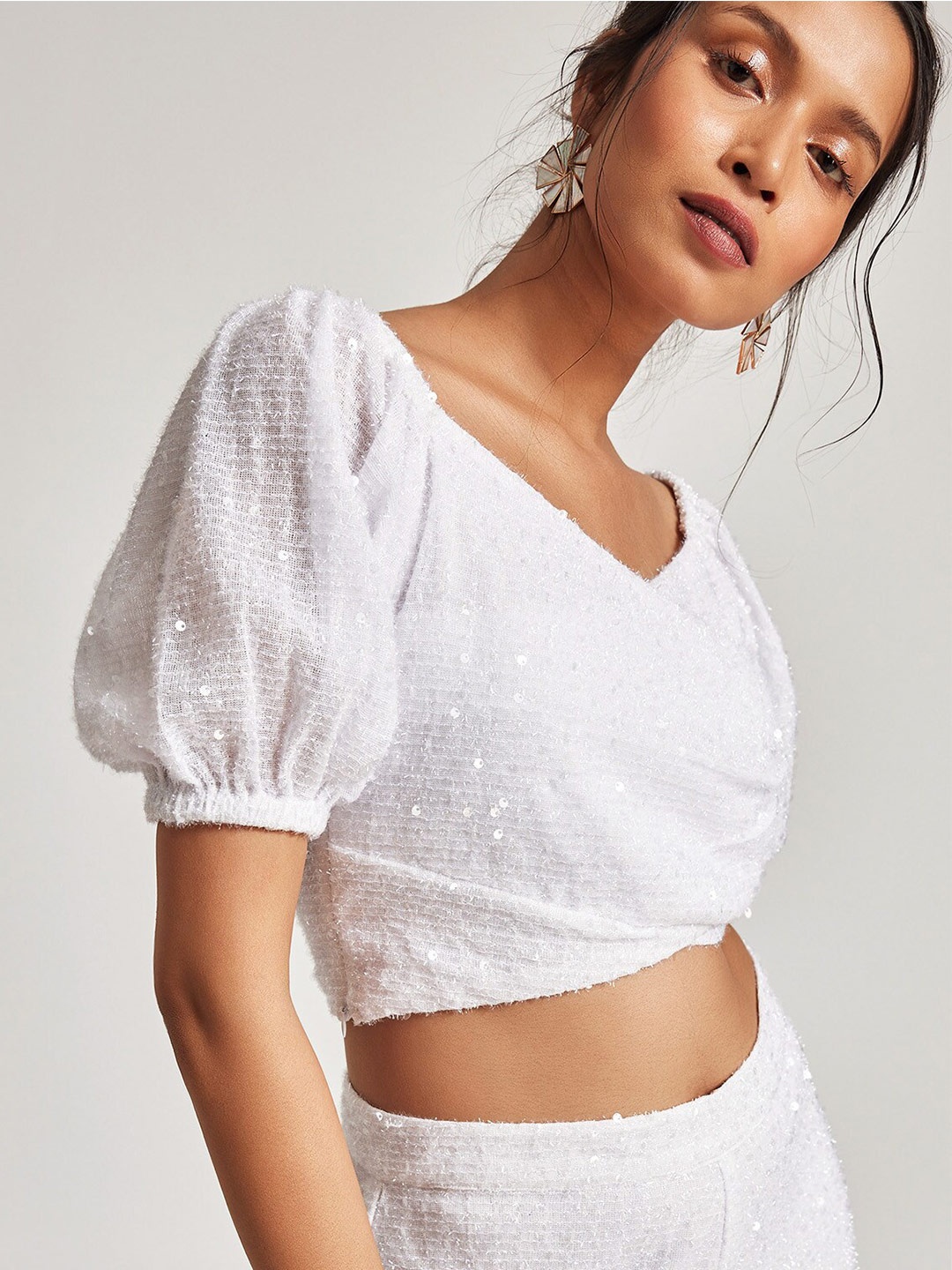 

The Label Life White Net Crop Sequinned Puff Sleeve Top