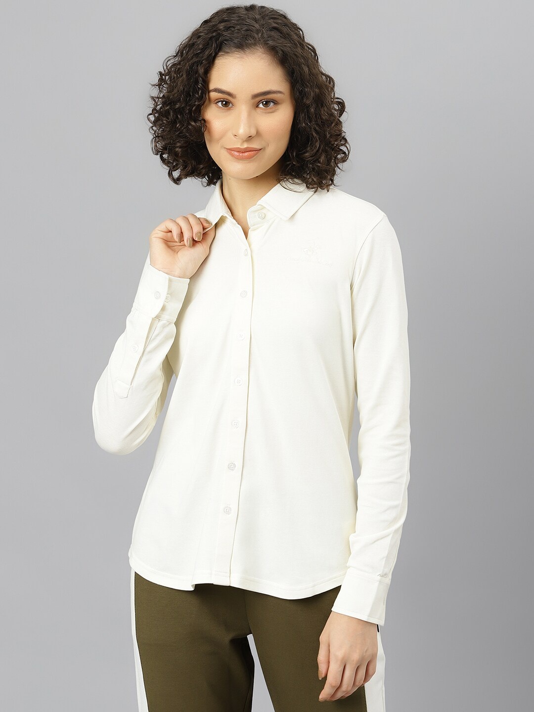 

Beverly Hills Polo Club Women Cream Solid Cotton Casual Shirt