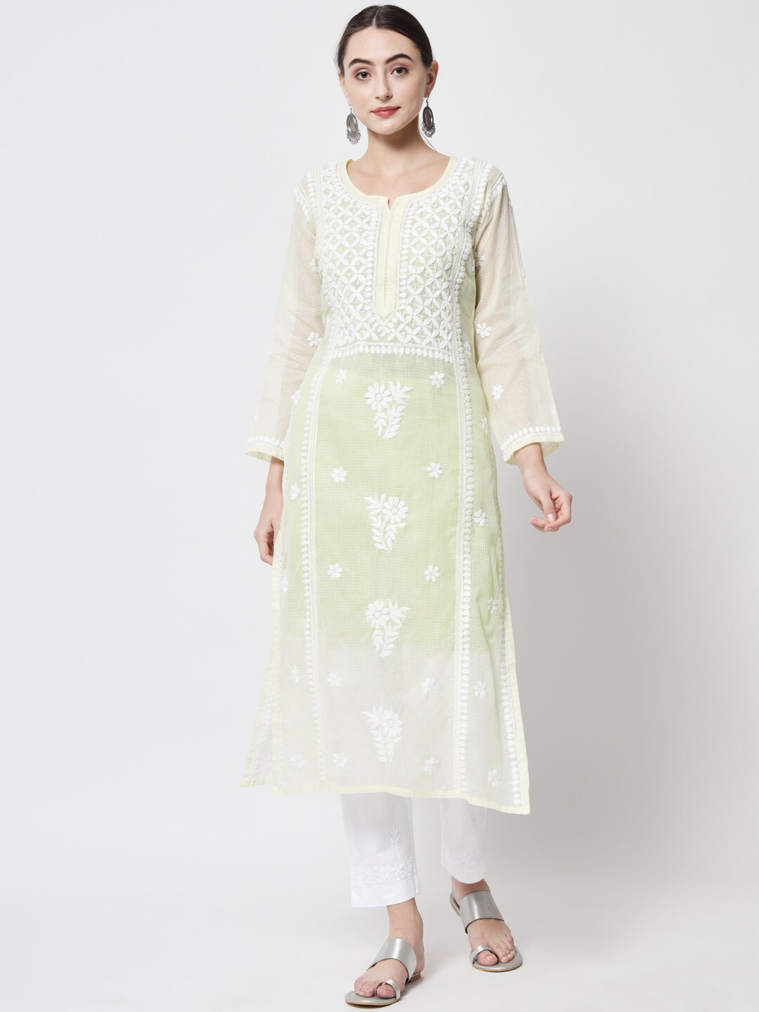 

PARAMOUNT CHIKAN Women Yellow Chikankari Embroidered Ethnic Motif Kurta with Trousers