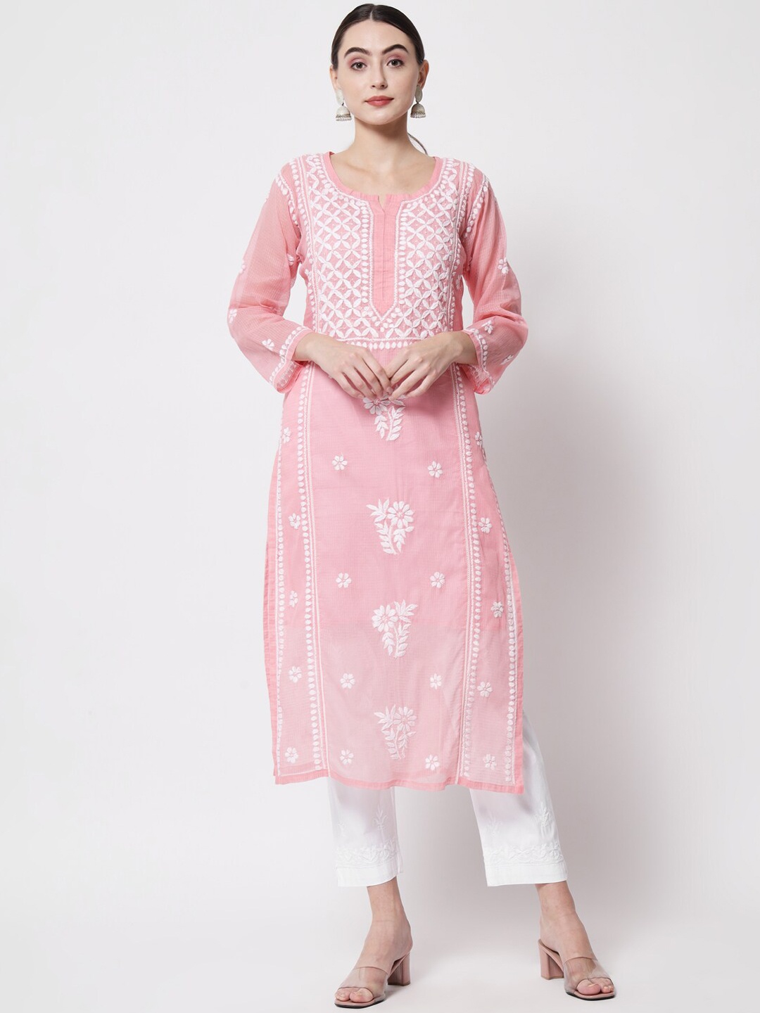 

PARAMOUNT CHIKAN Women Coral Chikankari Hand Embroidered Ethnic Motif Kurta with Trousers