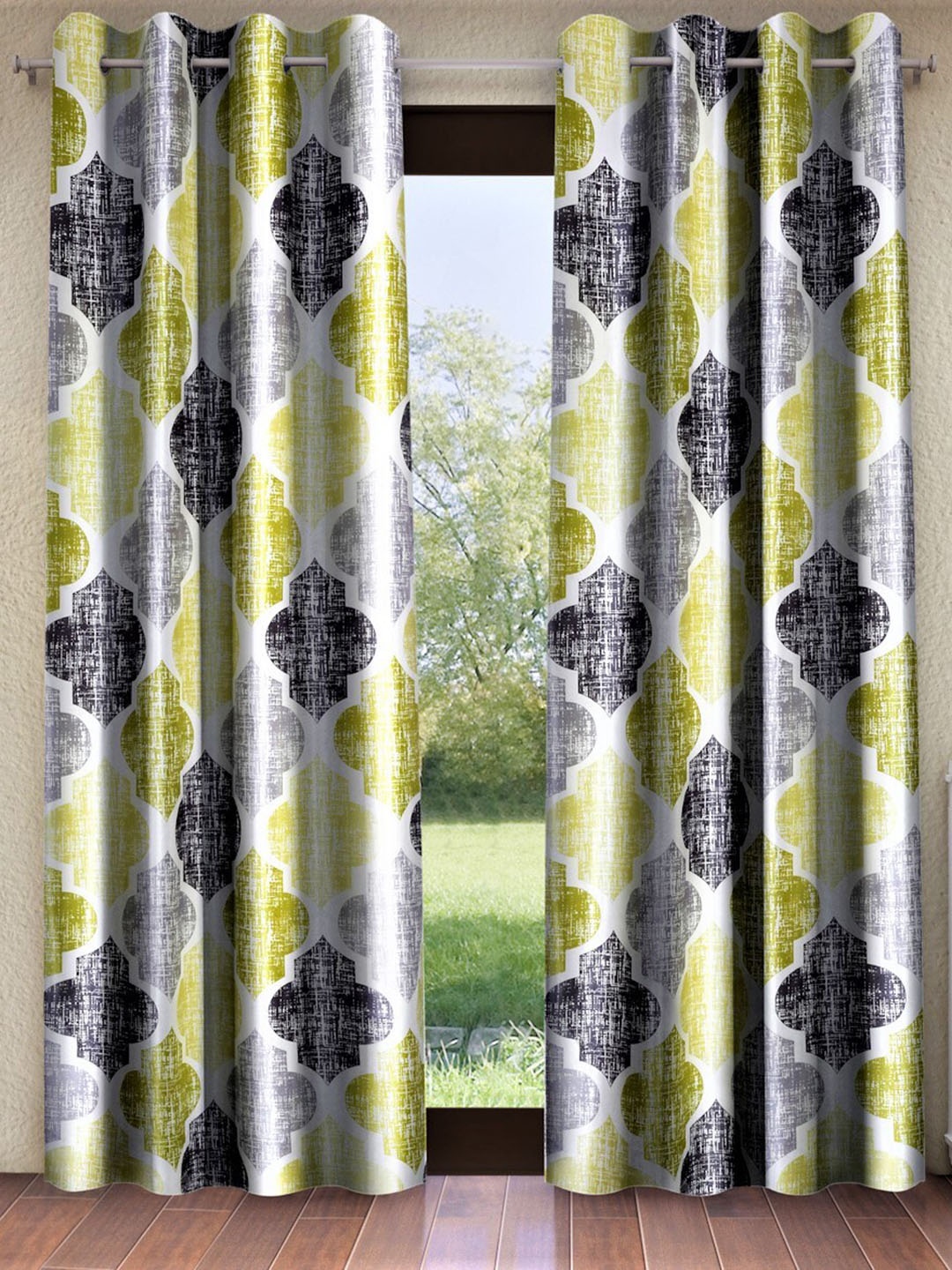 

Home Sizzler Lime Green & Black Set of 2 Geometric Window Curtain