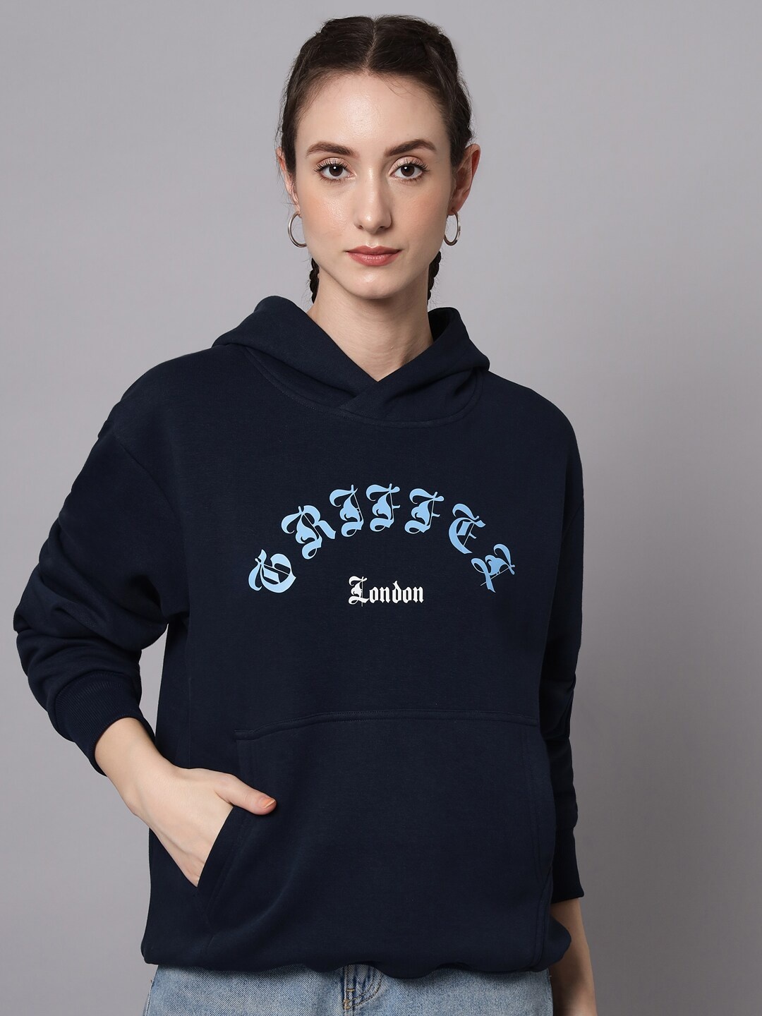 

GRIFFEL Women Navy Blue Printed Hooded Sweatshirt
