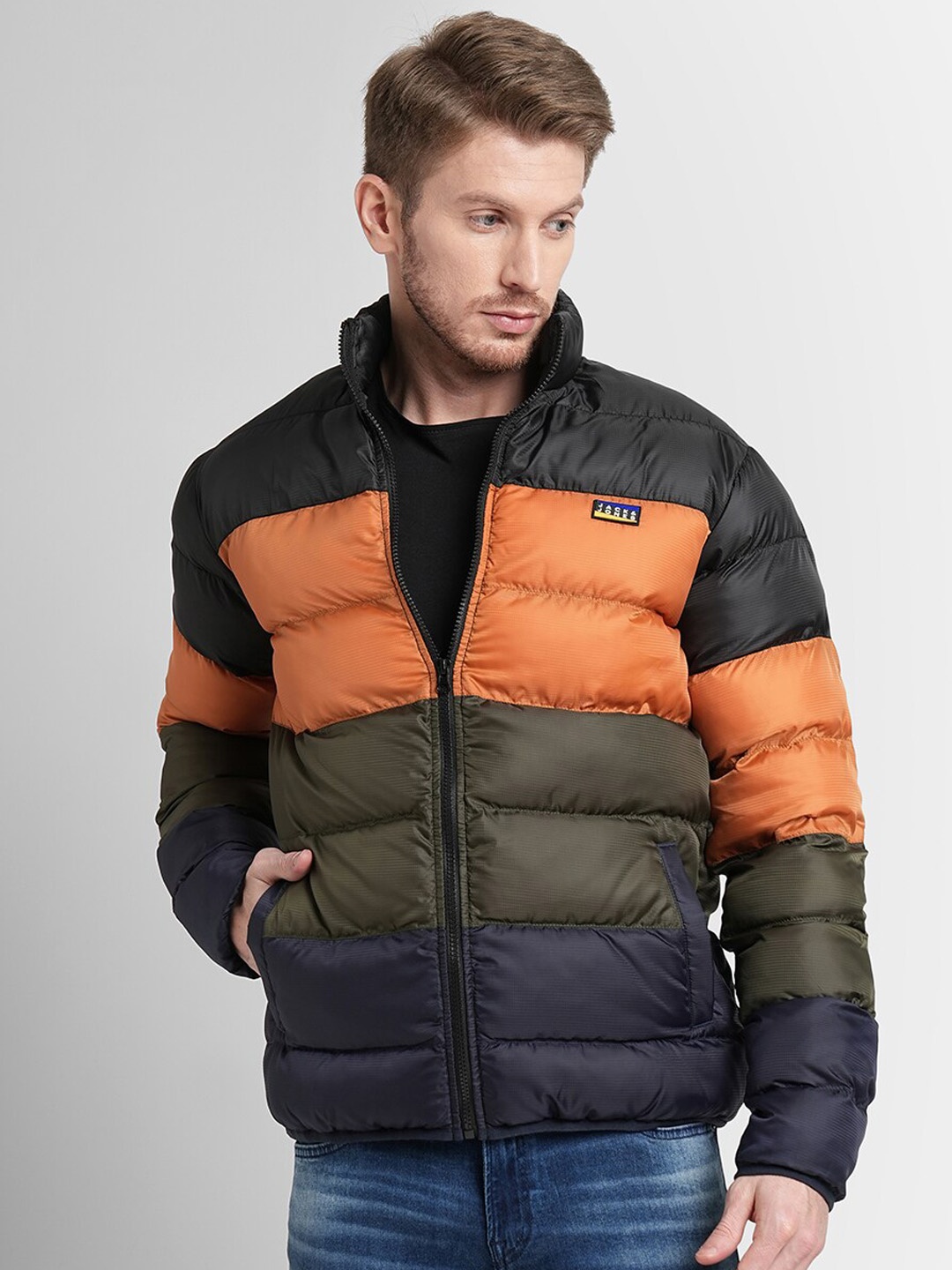 

Jack & Jones Men Orange Black Colourblocked Longline Puffer Jacket