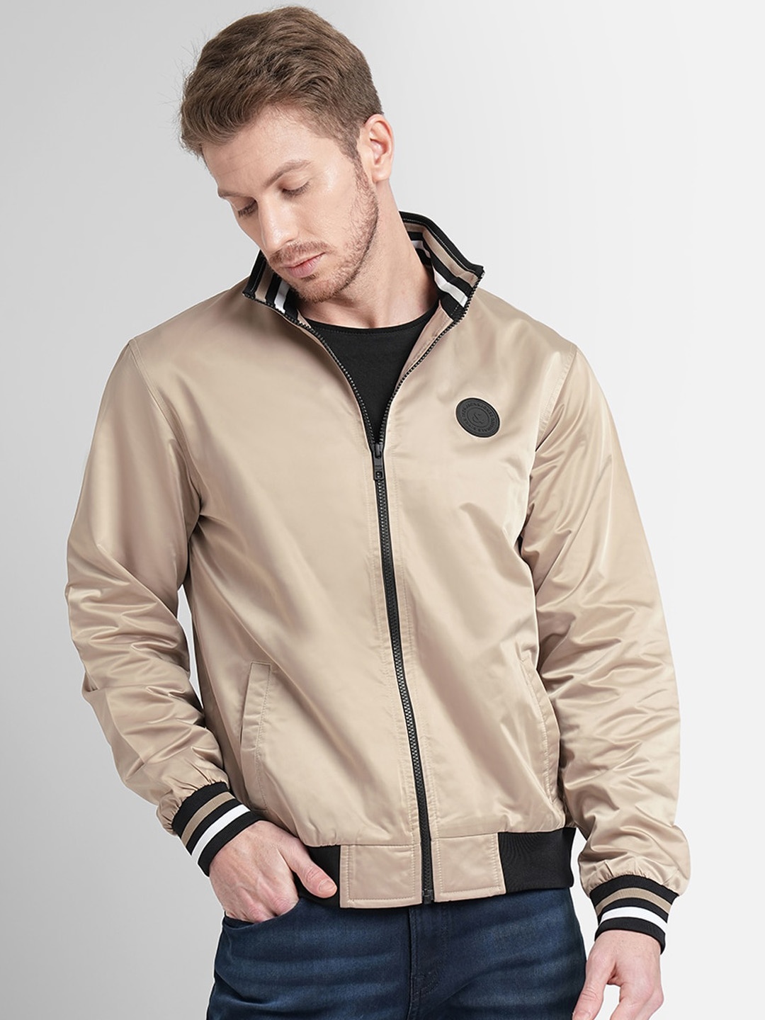 

Jack & Jones Men Beige Solid Bomber Jacket