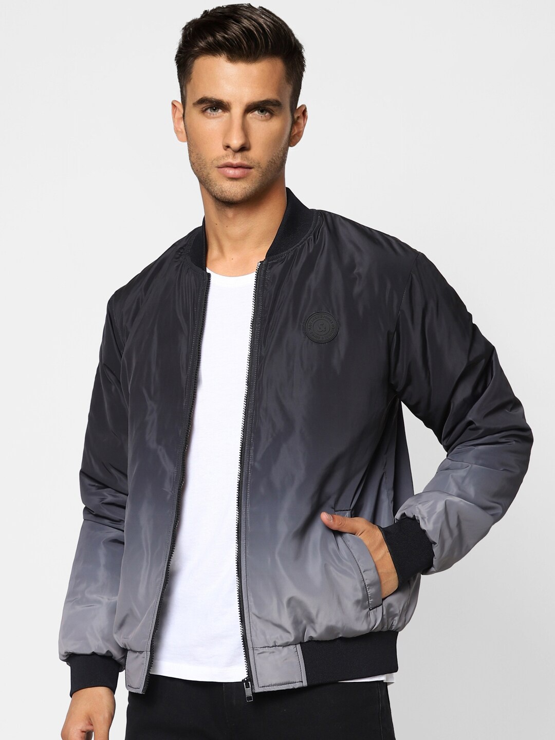 

Jack & Jones Men Black & Grey Colourblocked Denim Jacket