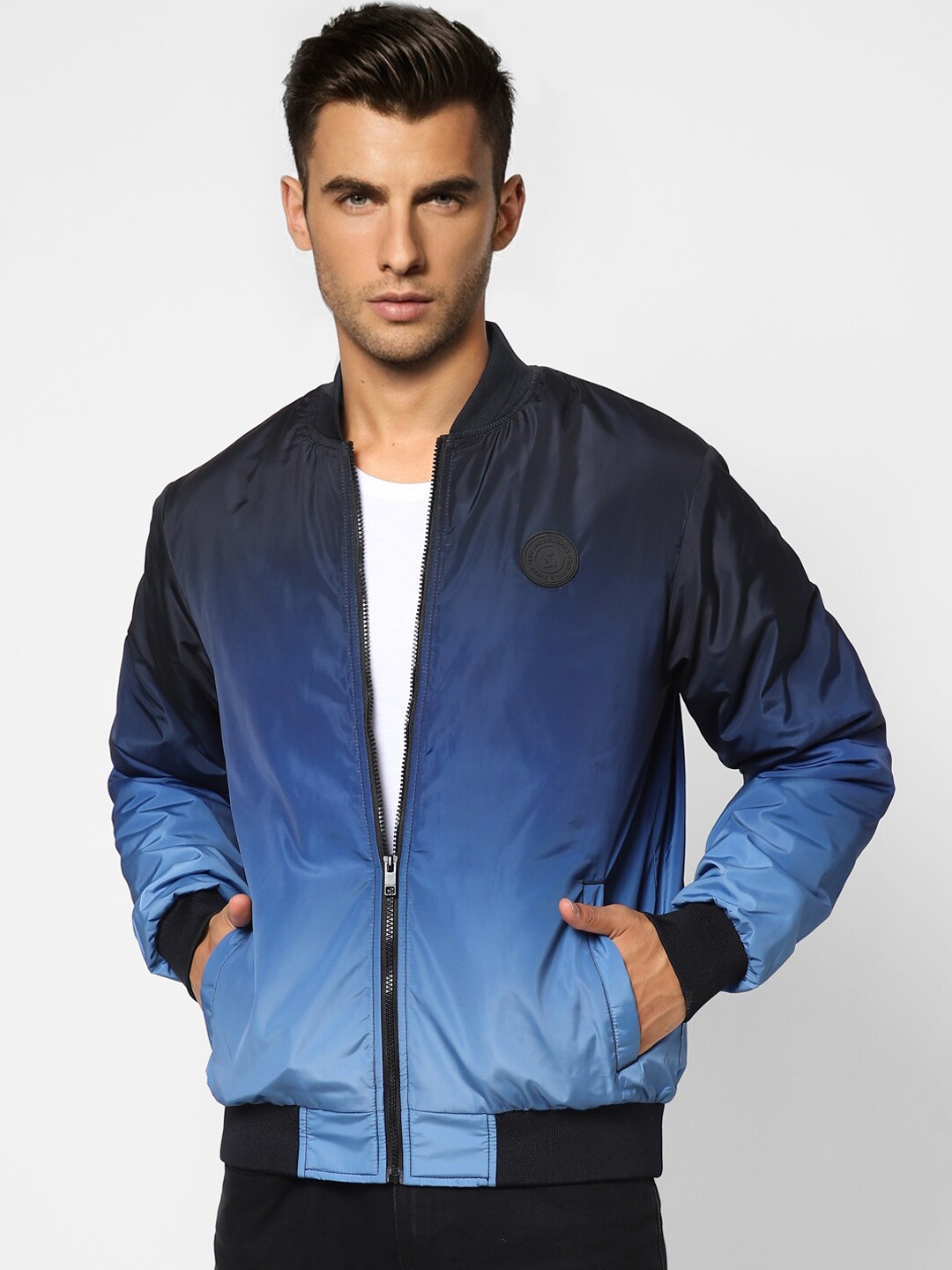 

Jack & Jones Men Blue & Black Colourblocked Bomber Jacket