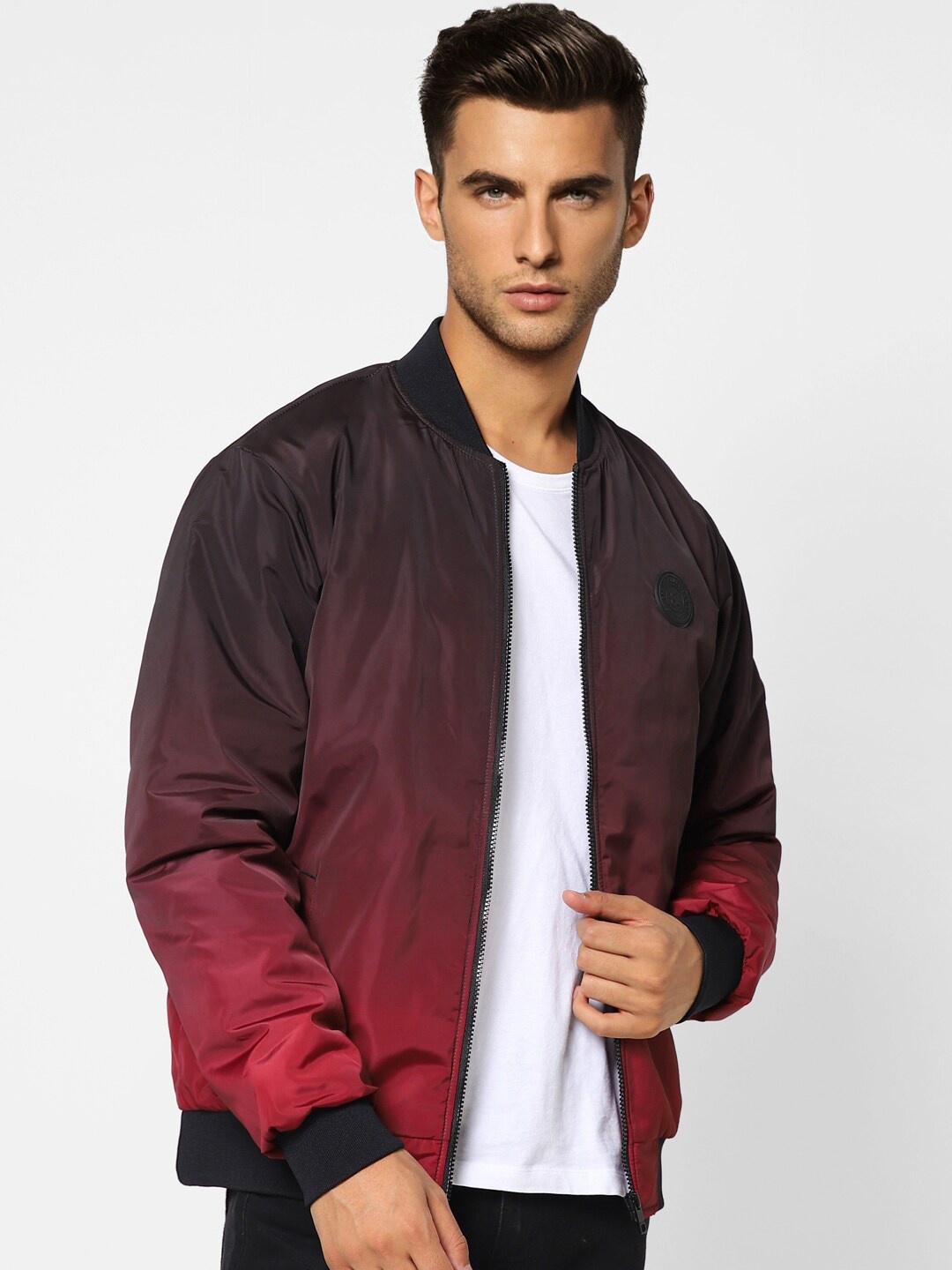 

Jack & Jones Men Maroon Black & Maroon Colourblocked Bomber Jacket