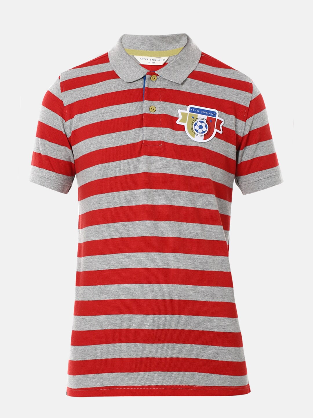 

Peter England Boys Red Striped Polo Collar Applique Cotton T-shirt