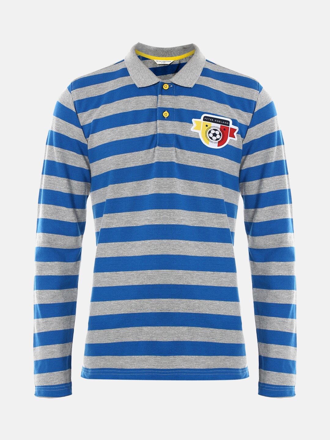 

Peter England Boys Blue Striped Polo Collar Applique T-shirt