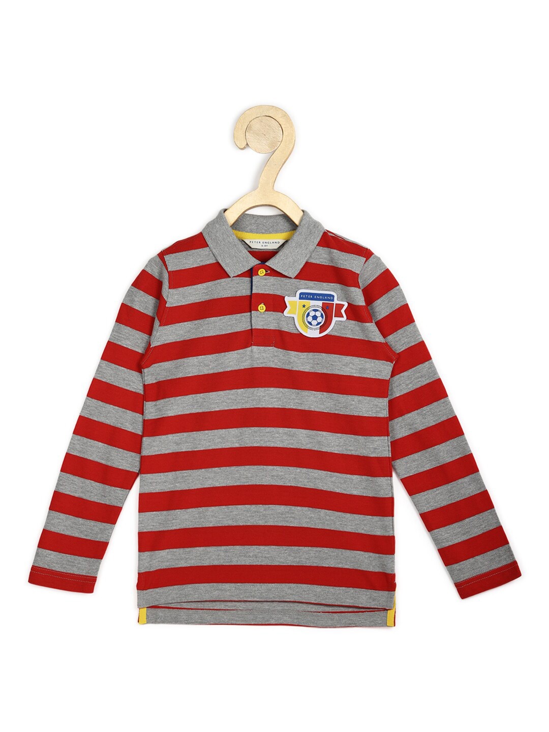 

Peter England Boys Red Striped Polo Collar Applique T-shirt