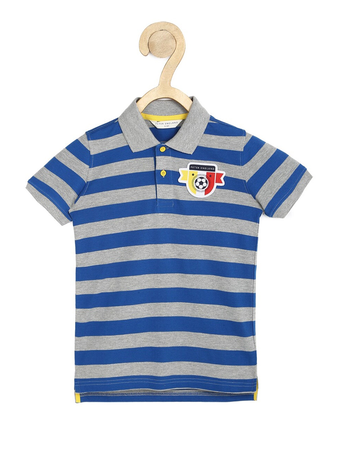 

Peter England Boys Blue Striped Polo Collar Applique T-shirt