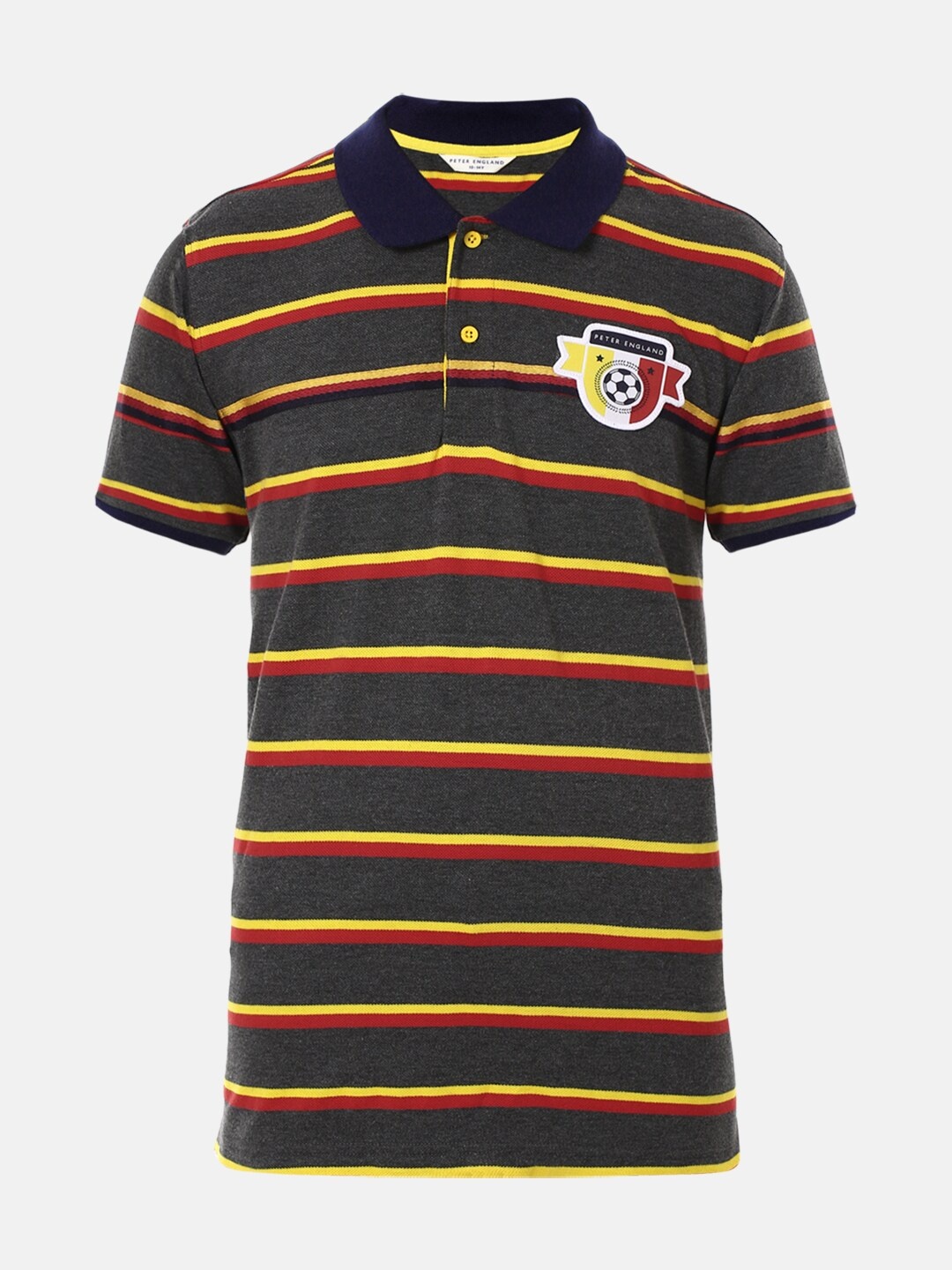 

Peter England Boys Grey Striped Polo Collar Applique T-shirt