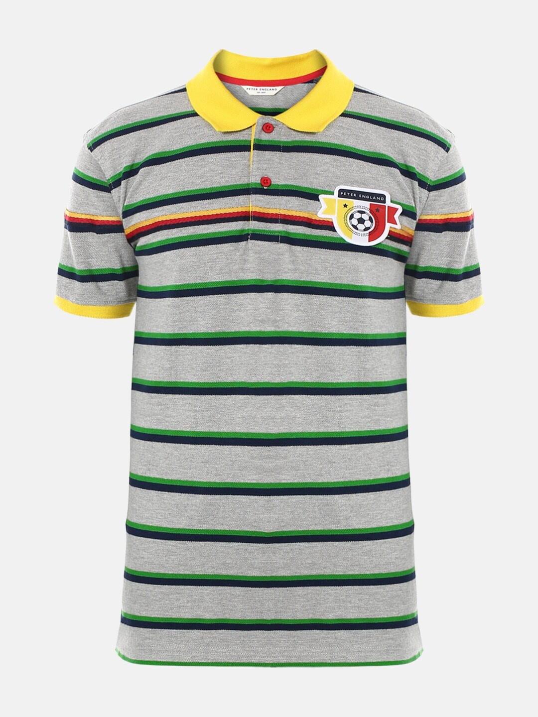 

Peter England Boys Grey Striped Polo Collar Applique T-shirt