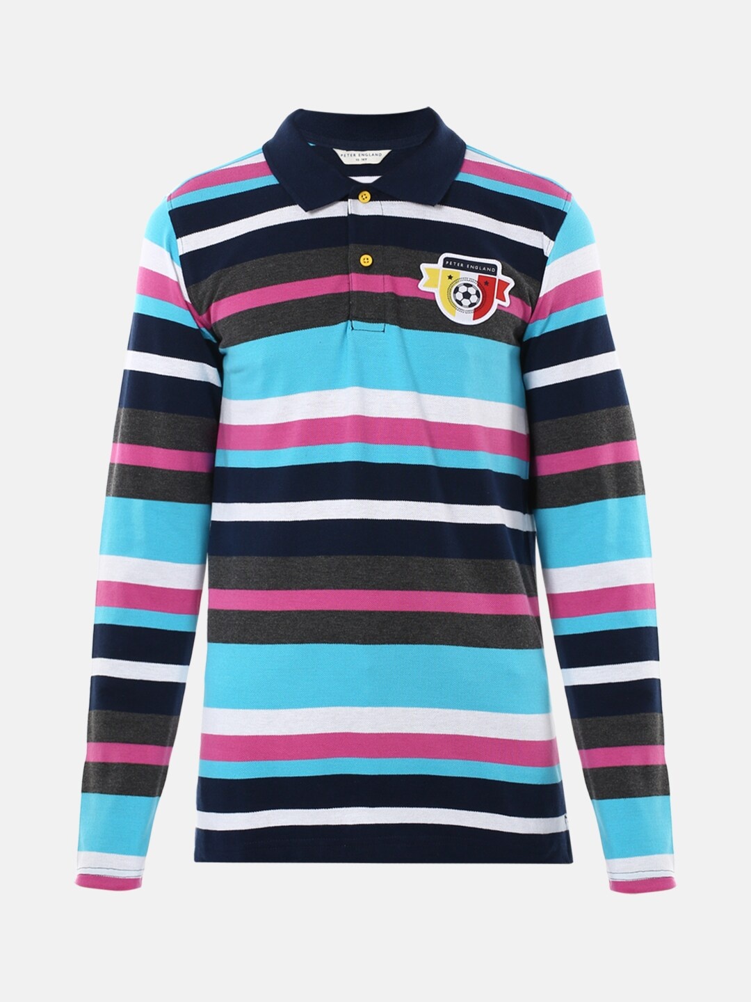 

Peter England Boys Multicoloured Striped Polo Collar Applique T-shirt, Multi