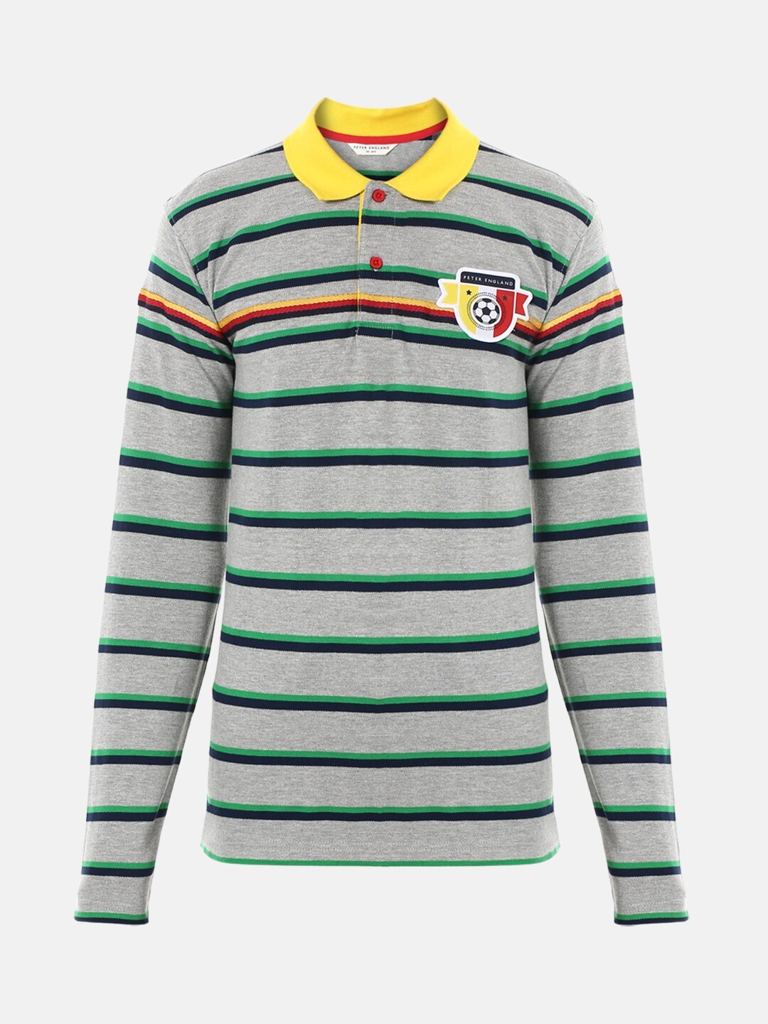 

Peter England Boys Grey Striped Polo Collar Applique T-shirt