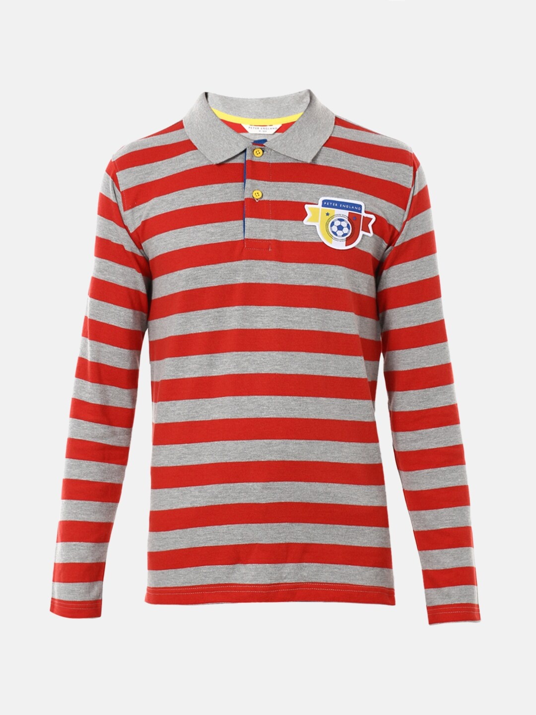 

Peter England Boys Red Striped Polo Collar Applique T-shirt