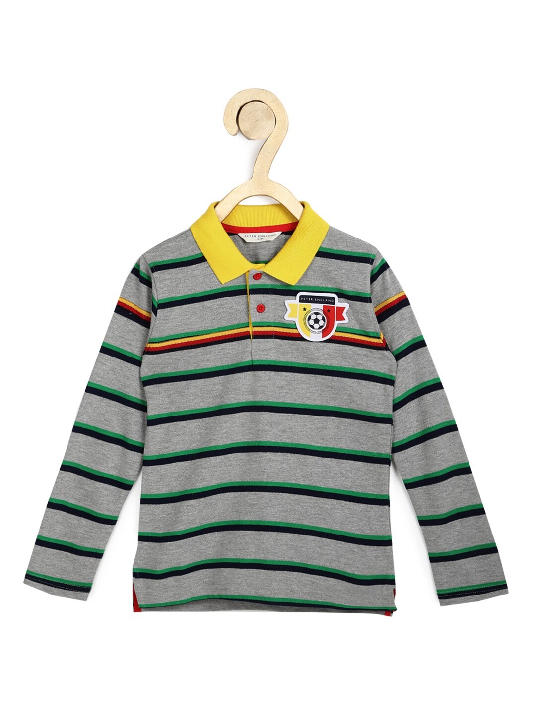 

Peter England Boys Grey Striped Polo Collar Applique T-shirt