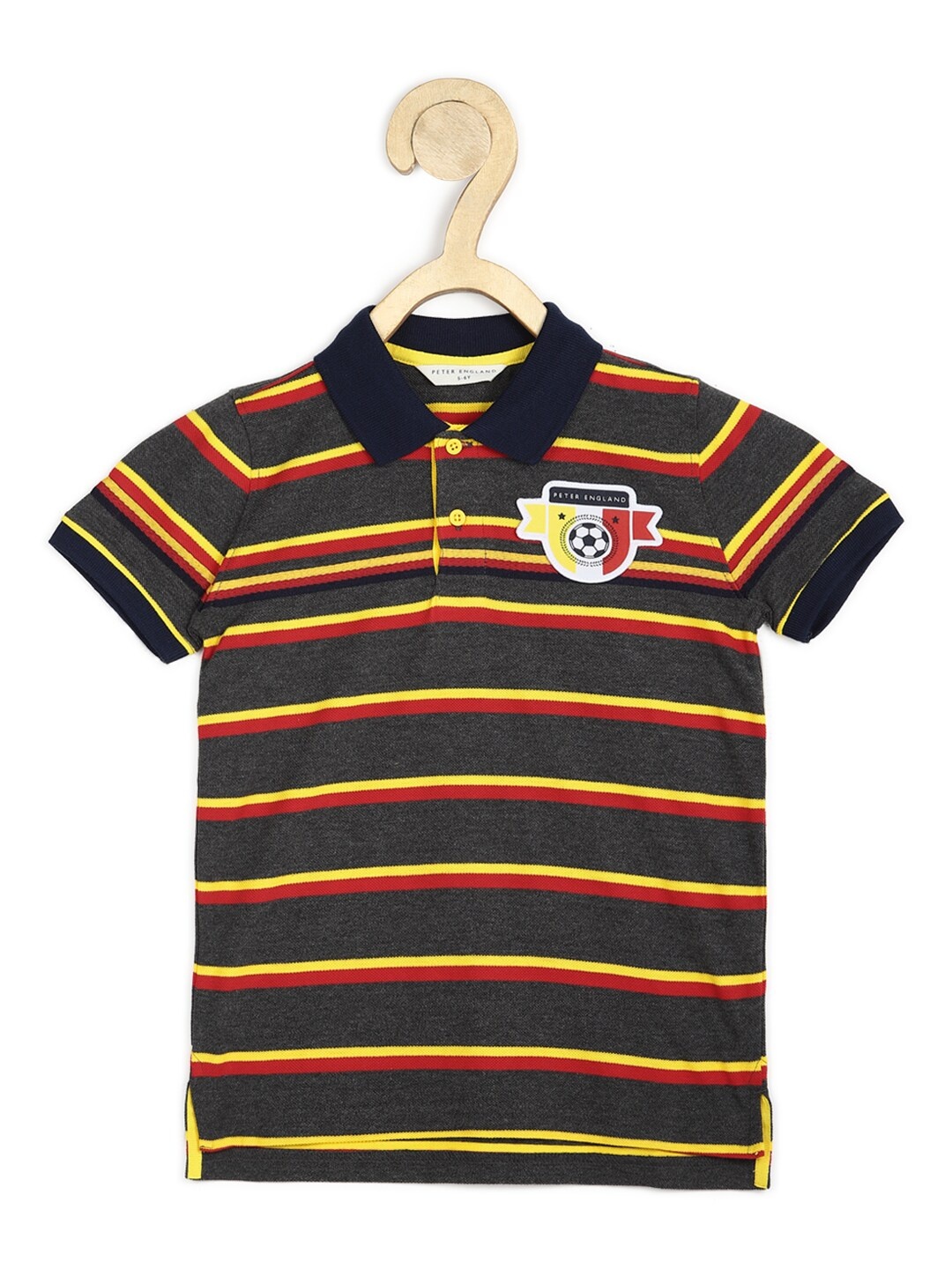 

Peter England Boys Brown & Yellow Striped Polo Collar Cotton T-shirt
