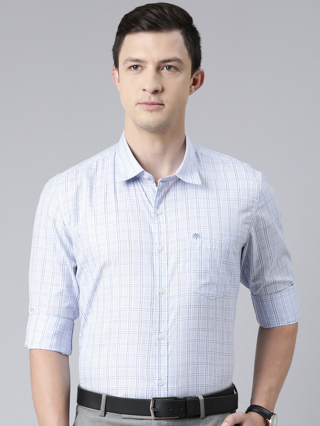 

Chennis Men Slim Fit Grid Tattersall Checked Formal Shirt, Blue
