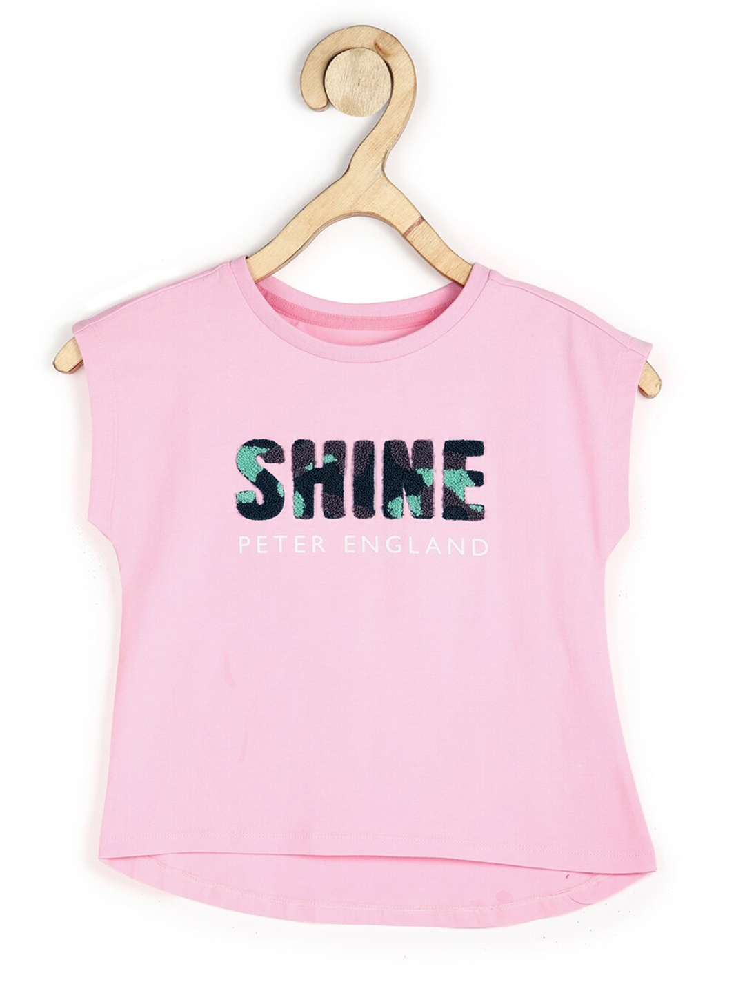 

Peter England Girls Pink Typography Printed Extended Sleeves Cotton T-shirt