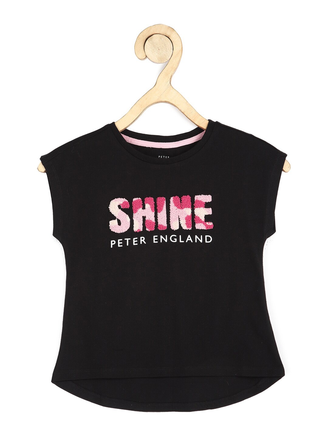 

Peter England Girls Black Typography Printed Extended Sleeves Cotton T-shirt