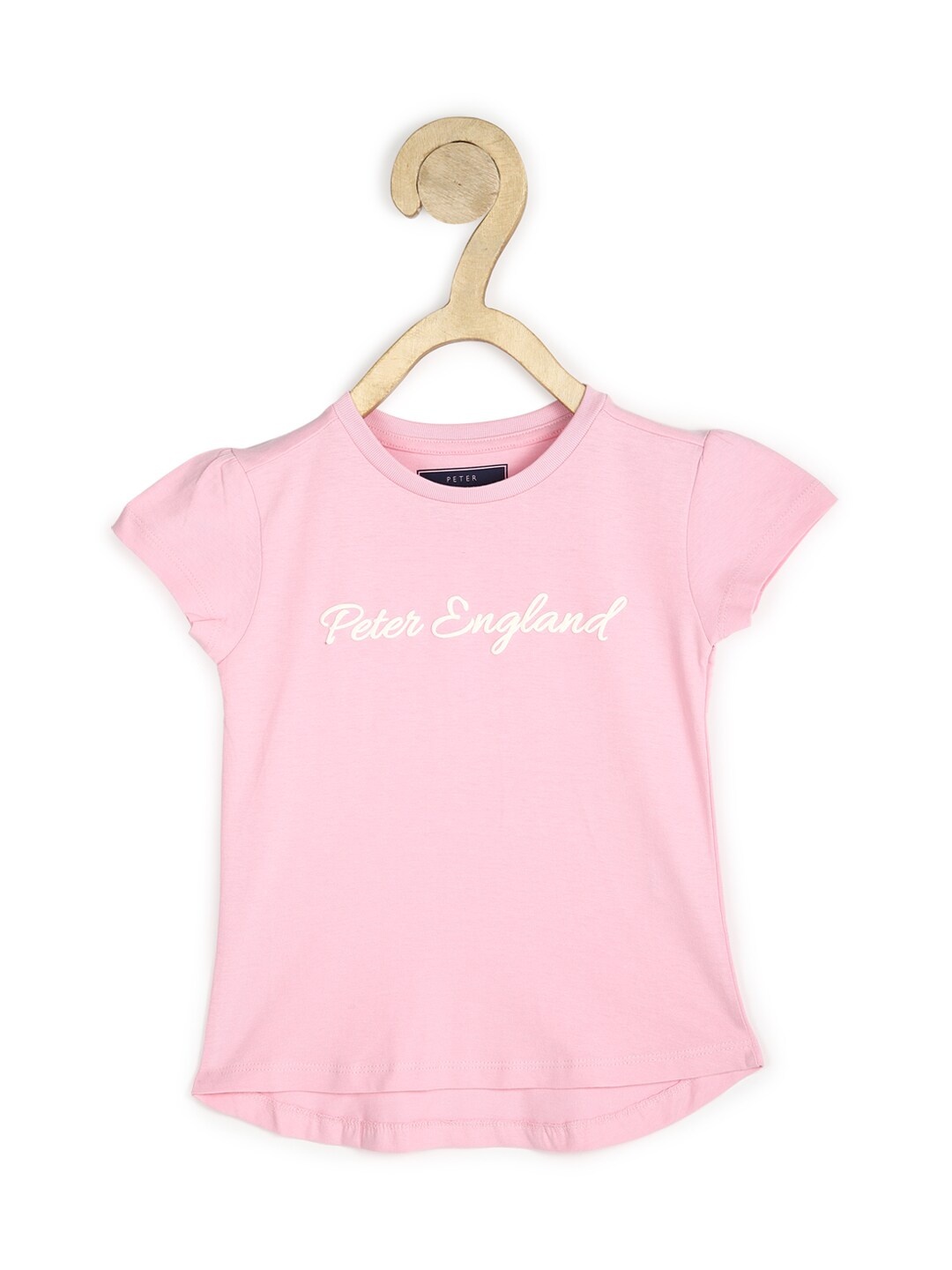 

Peter England Girls Pink Brand Logo Printed Puff Sleeves Pure Cotton T-shirt