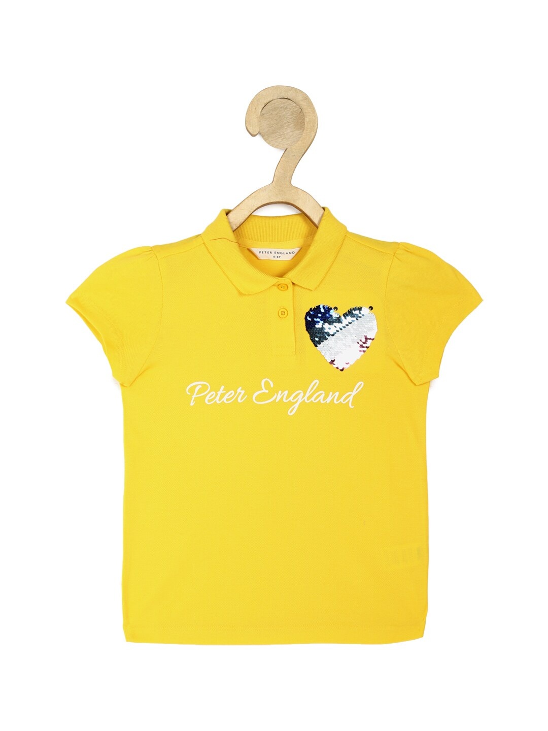 

Peter England Girls Yellow Brand Logo Printed Polo Collar Pure Cotton T-shirt