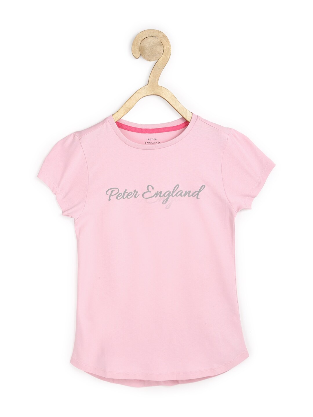 

Peter England Girls Pink Brand Logo Printed Puff Sleeves Pure Cotton T-shirt