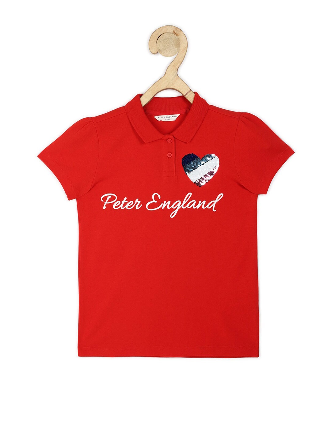 

Peter England Girls Red Brand Logo Printed Polo Collar Pure Cotton T-shirt