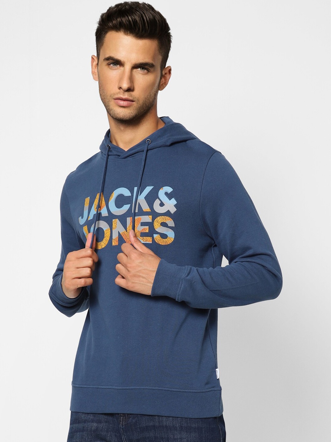 

Jack & Jones Men Blue Printed Cotton Hooded Sweatshirt