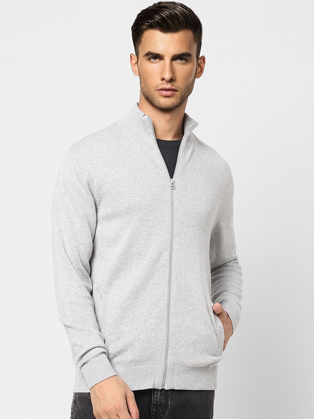 

Jack & Jones Men Grey Cotton Front-Open Cardigan