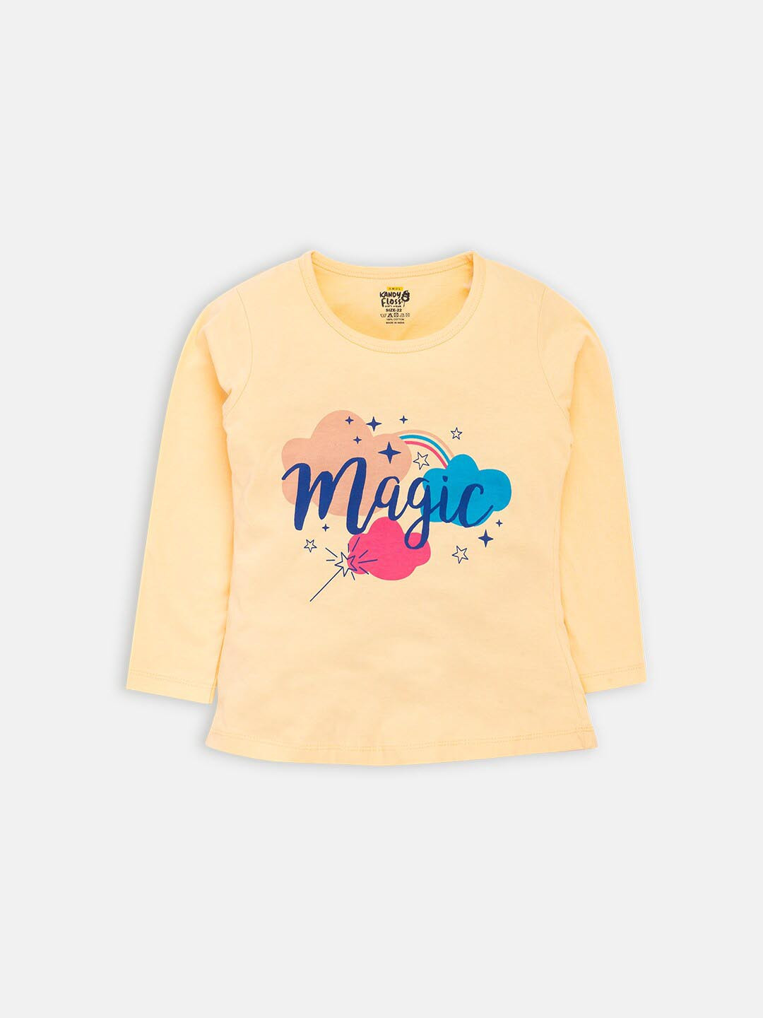 

AMUL Kandyfloss Girls Yellow Typography Printed Cotton T-shirt