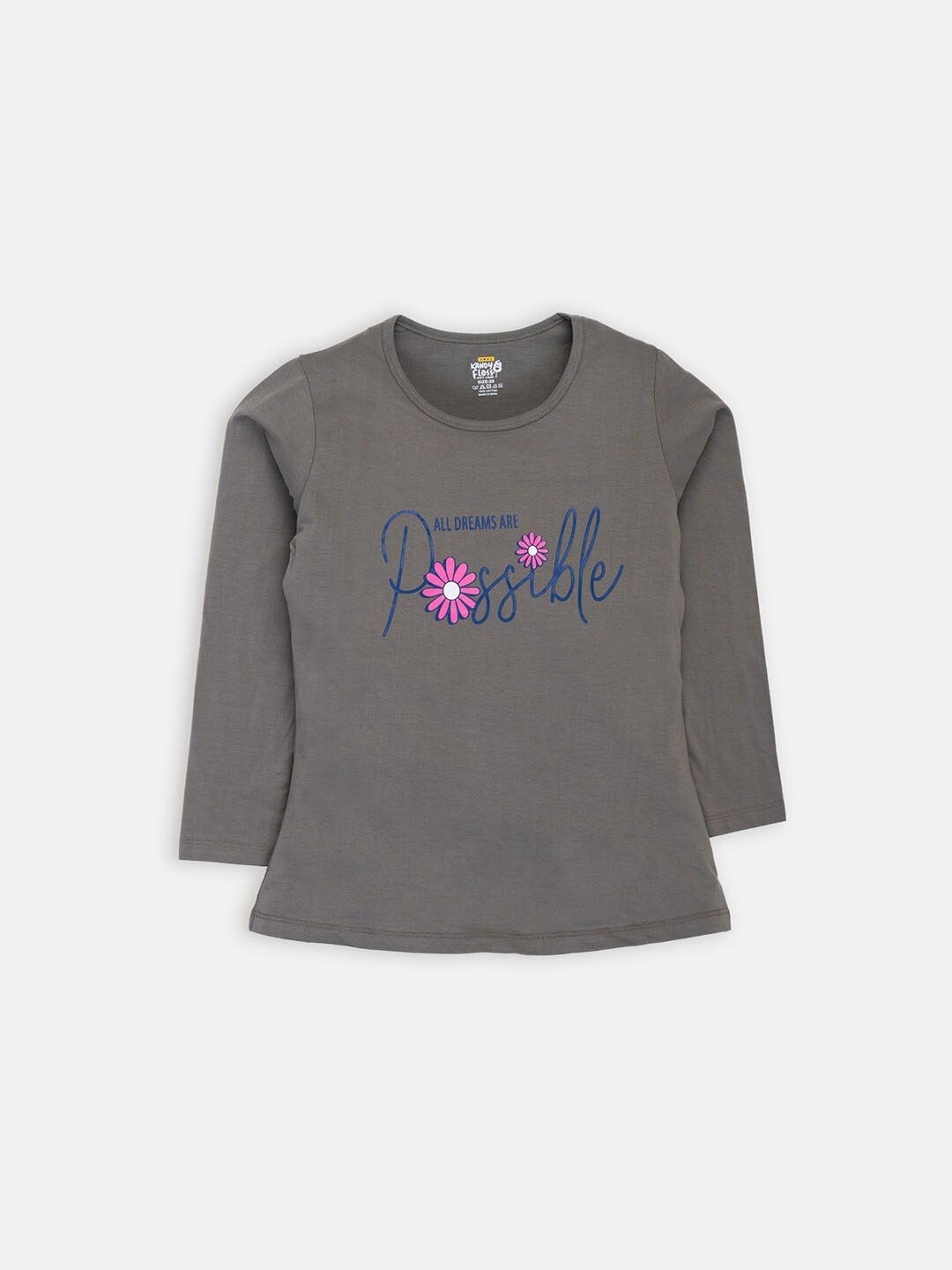 

AMUL Kandyfloss Girls Charcoal Typography Printed Cotton T-shirt