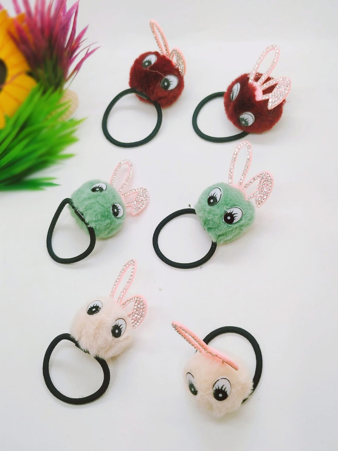 

FEMMIBELLA Women Green & Maroon Set of 6 Fur Rabbit Ponytail Holders