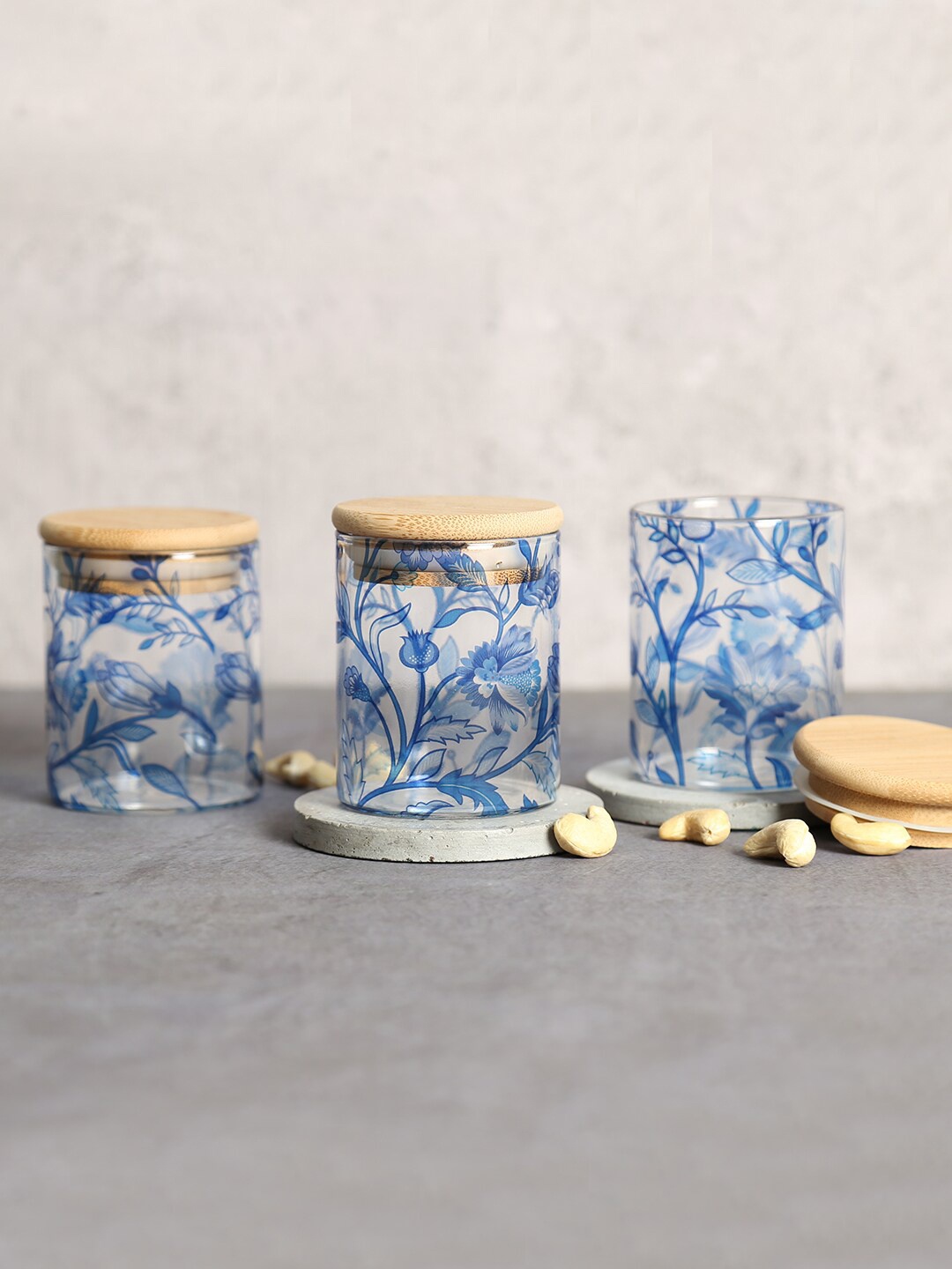 

India Circus by Krsnaa Mehta Blue Set of 3 Blue Blaue Blume Transparent Glass Jars