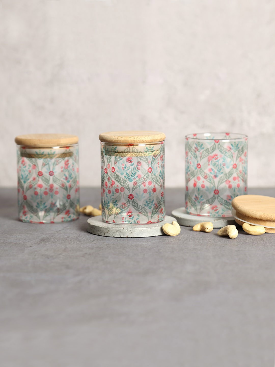 

India Circus by Krsnaa Mehta Transparent Set Of 3 Iron Blooming Dahlia Glass Jars 220ml