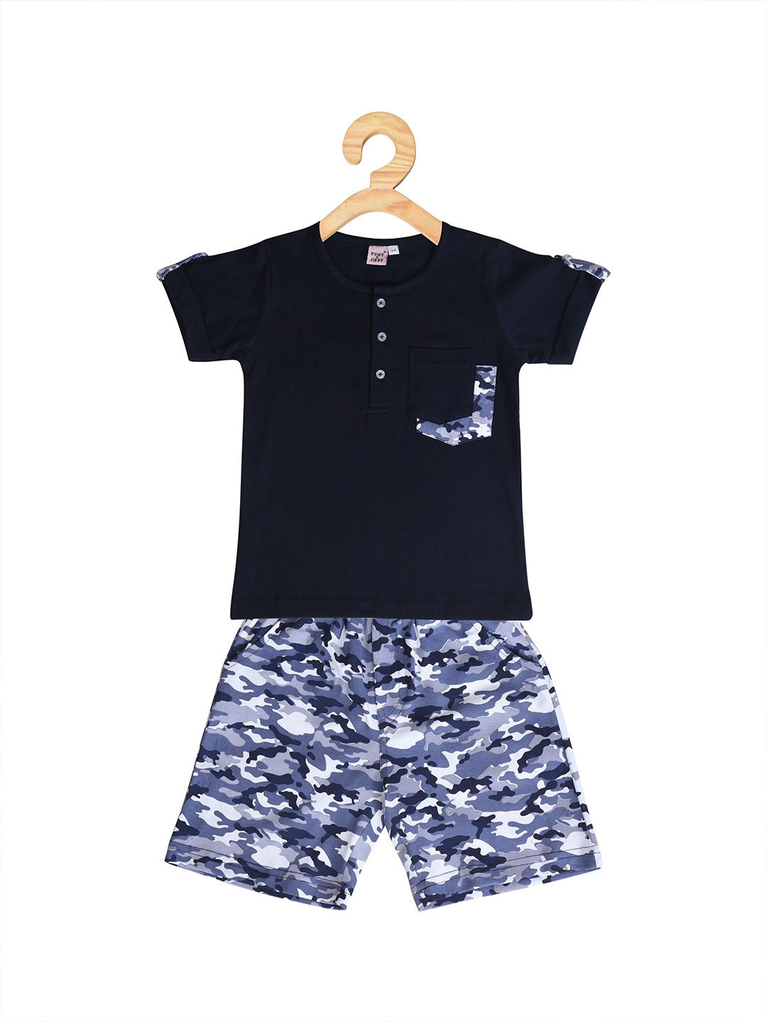 

POMY & JINNY Boys Navy Blue & White Printed T-shirt with Shorts