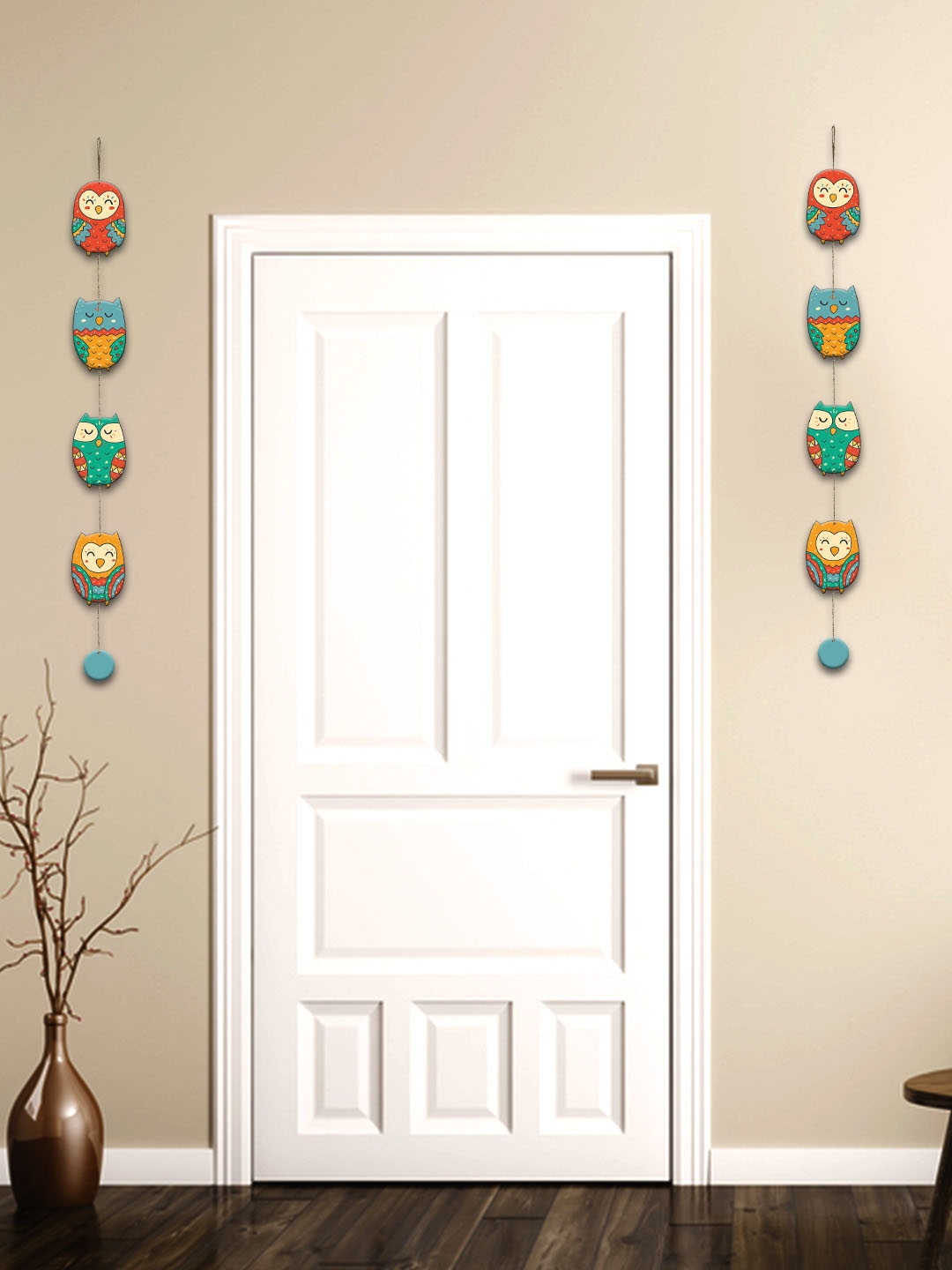 

ArtVibes Green & Orange-Coloured Cute Owls Wall and Door Hanging