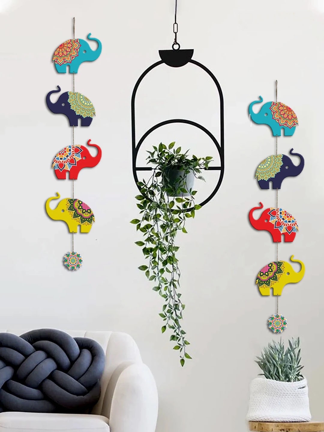 ArtVibes Set Of 2 Wood Elephant Hangings Toran Wall Decor, Blue