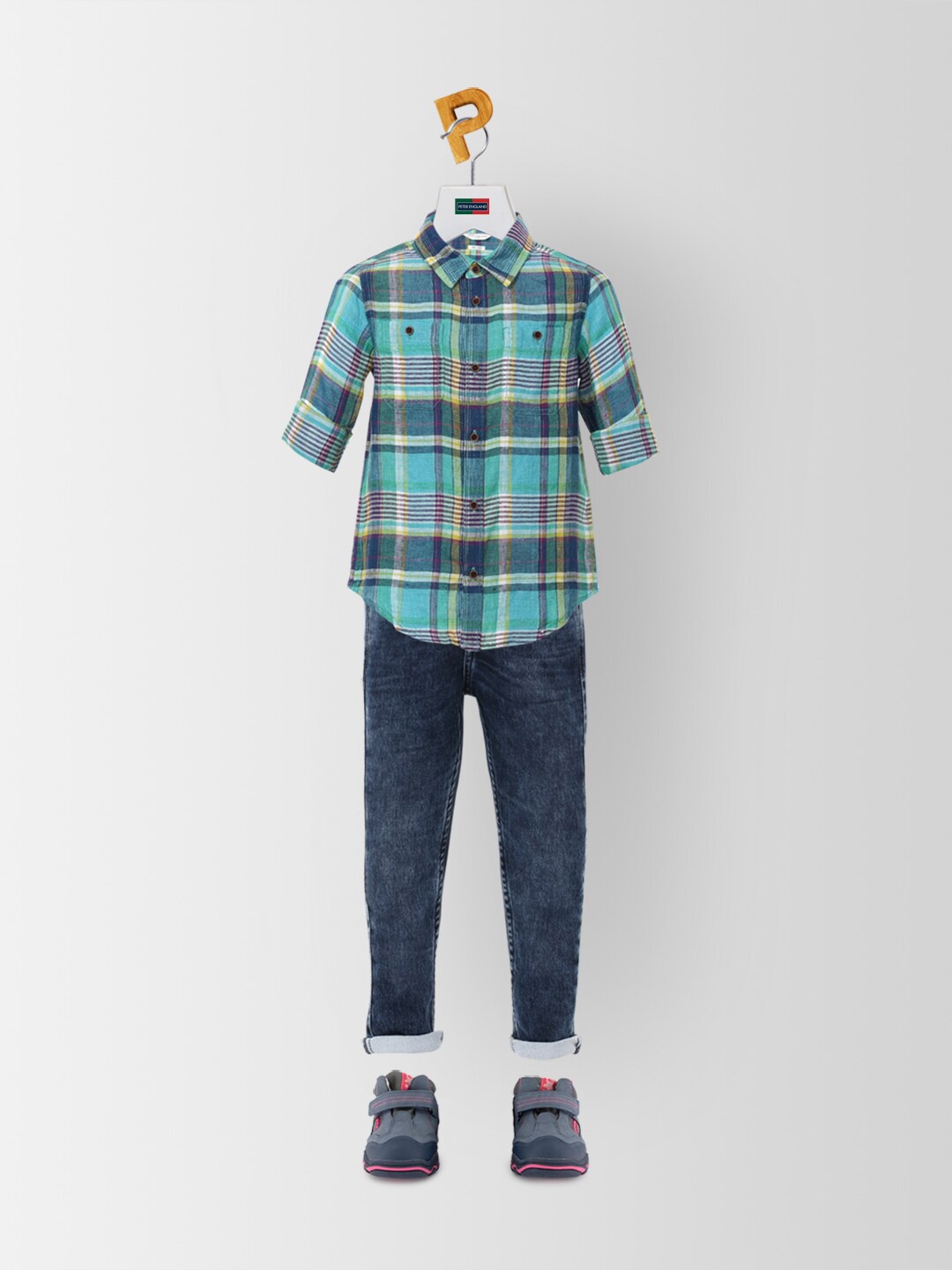 

Peter England Boys Green Slim Fit Tartan Checks Checked Casual Cotton Shirt